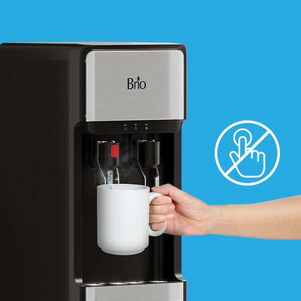A hand holds a white mug under a Brio water dispenser. Next to the dispenser is an icon of a finger pressing a button with a line through it, indicating no touch. The background is blue.